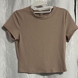 Casual Beige Ribbed Women's Tee